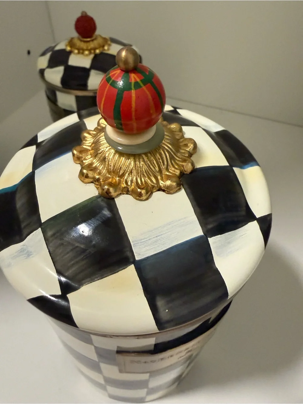 MacKenzie-Childs Black & White Courtly Check Ceramic Canister with Tartan Finial